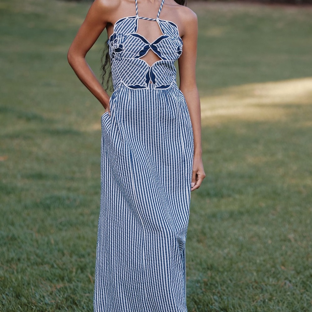 Anthropologie Celandine Hibiscus Cutout Blue and White Halter Midi Dress